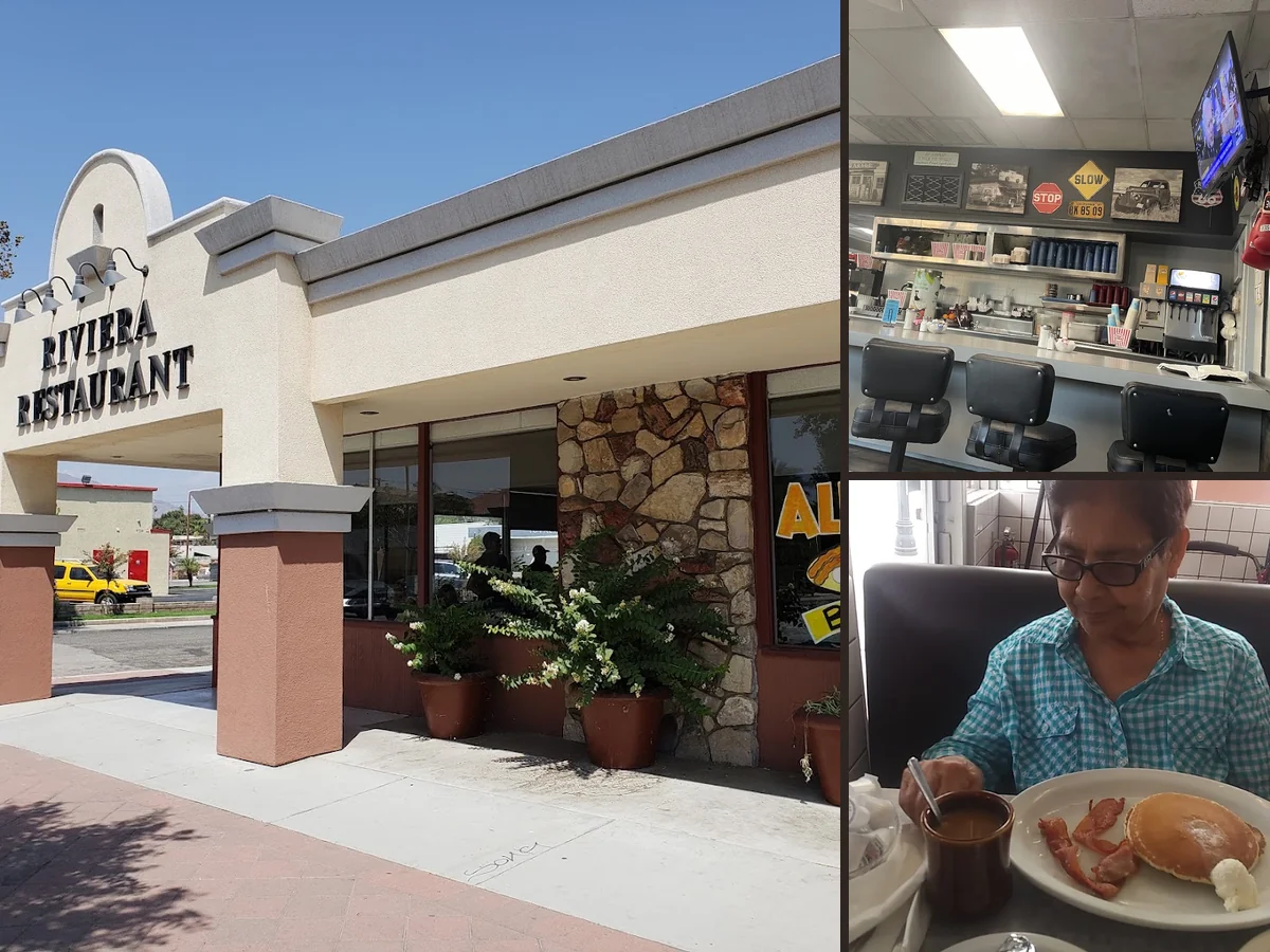 A family restaurant meal with steak and eggs.