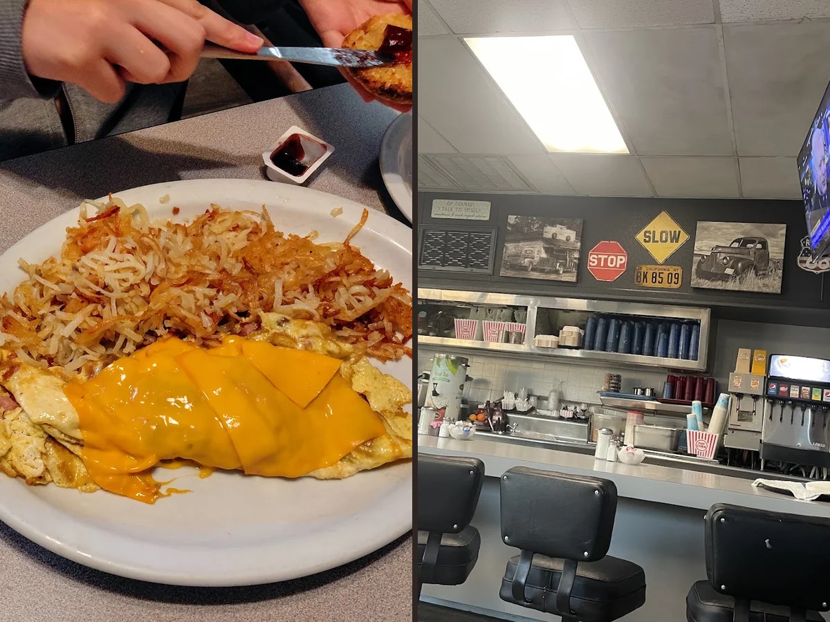 A family restaurant meal with steak and eggs.