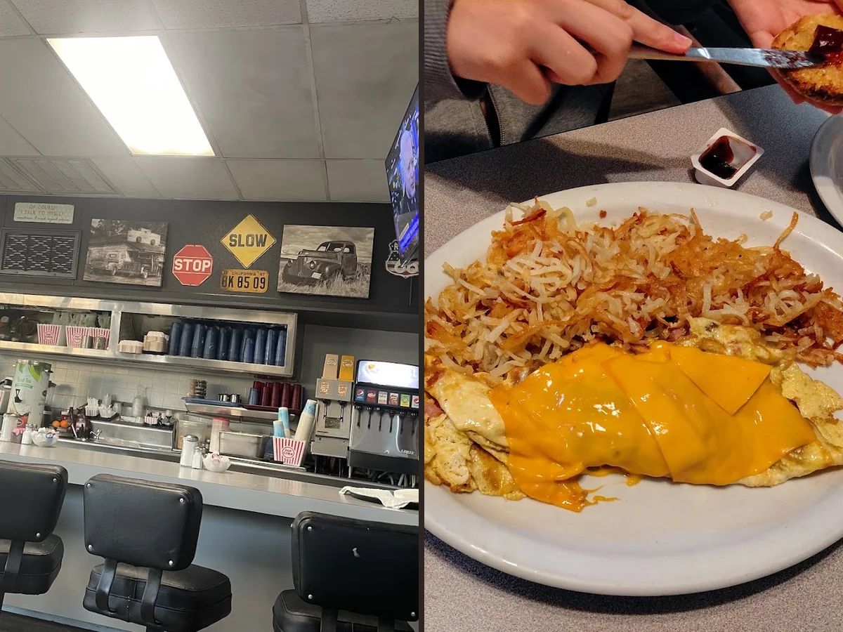 Hearty American plates on a restaurant table.